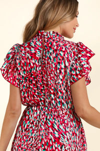 FUCHSIA TEAL MOCK NECK BACK BUTTON SIDE POCKETED MIDI DRESS