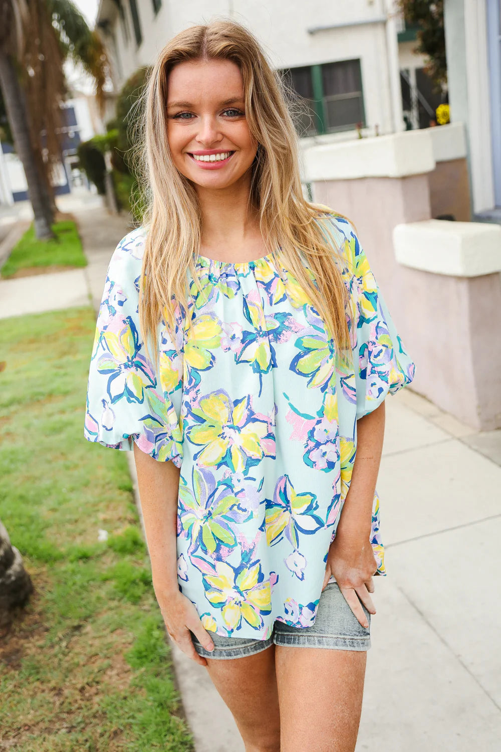 AQUA YELLOW GREEN BLUE FLORAL BUBBLE SLEEVE TOP