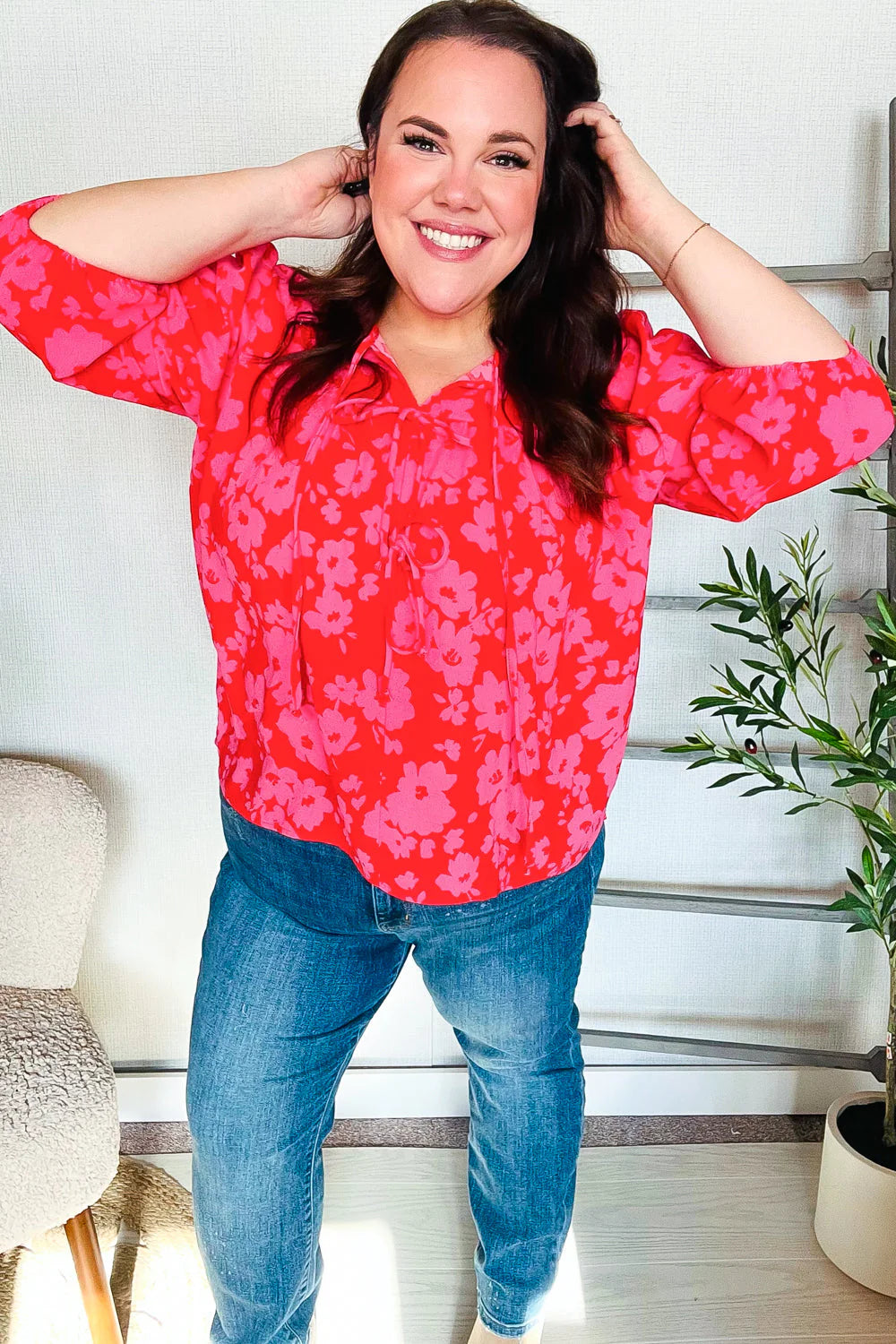 RED PINK RIBBON BOW FLORAL WOVEN TOP