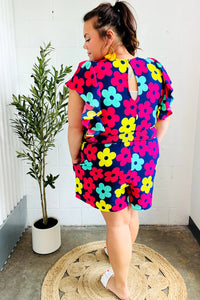 NAVY PINK MAGENTA YELLOW WHITE FEELING BOLD FLORAL SMOCKED WAIST FLUTTER ROMPER-PLUS