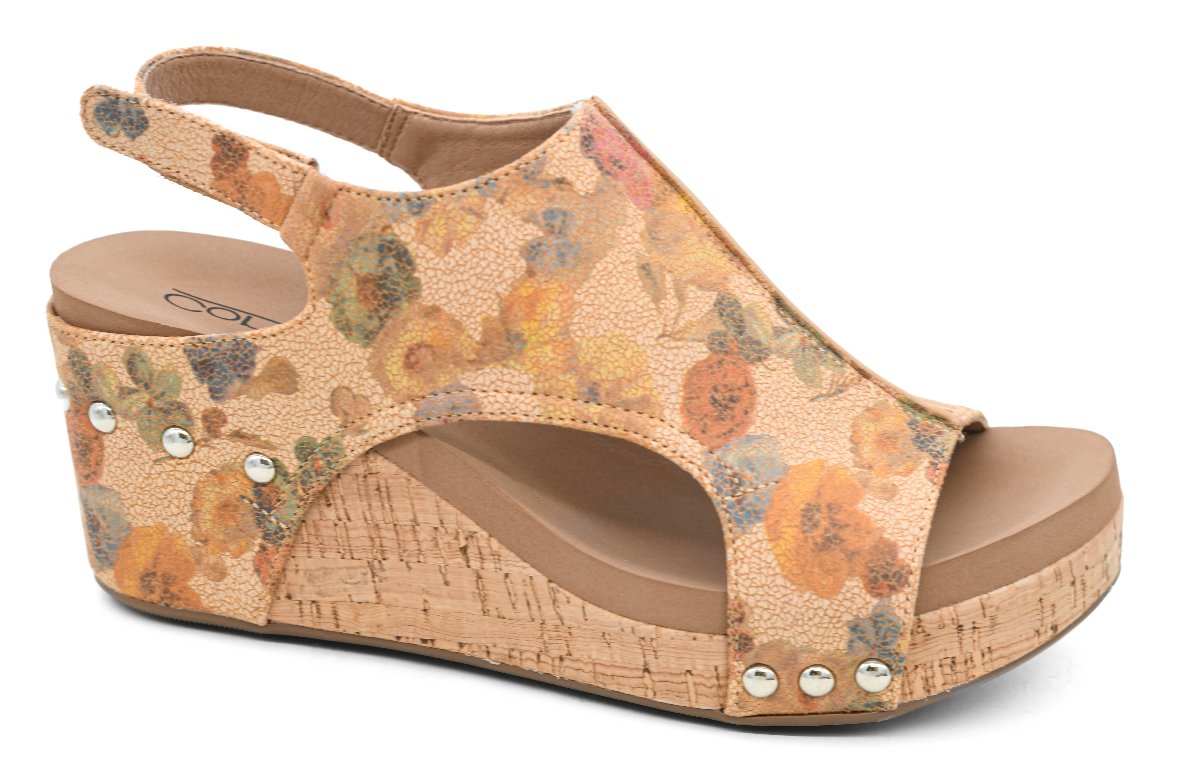 CARLEY CAMEL WASHED FLOWER CORKYS SANDAL WEDGES