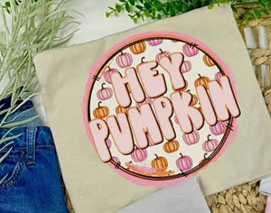 HEY PUMPKIN CIRCLE PINK ORANGE RETRO TAN TEE