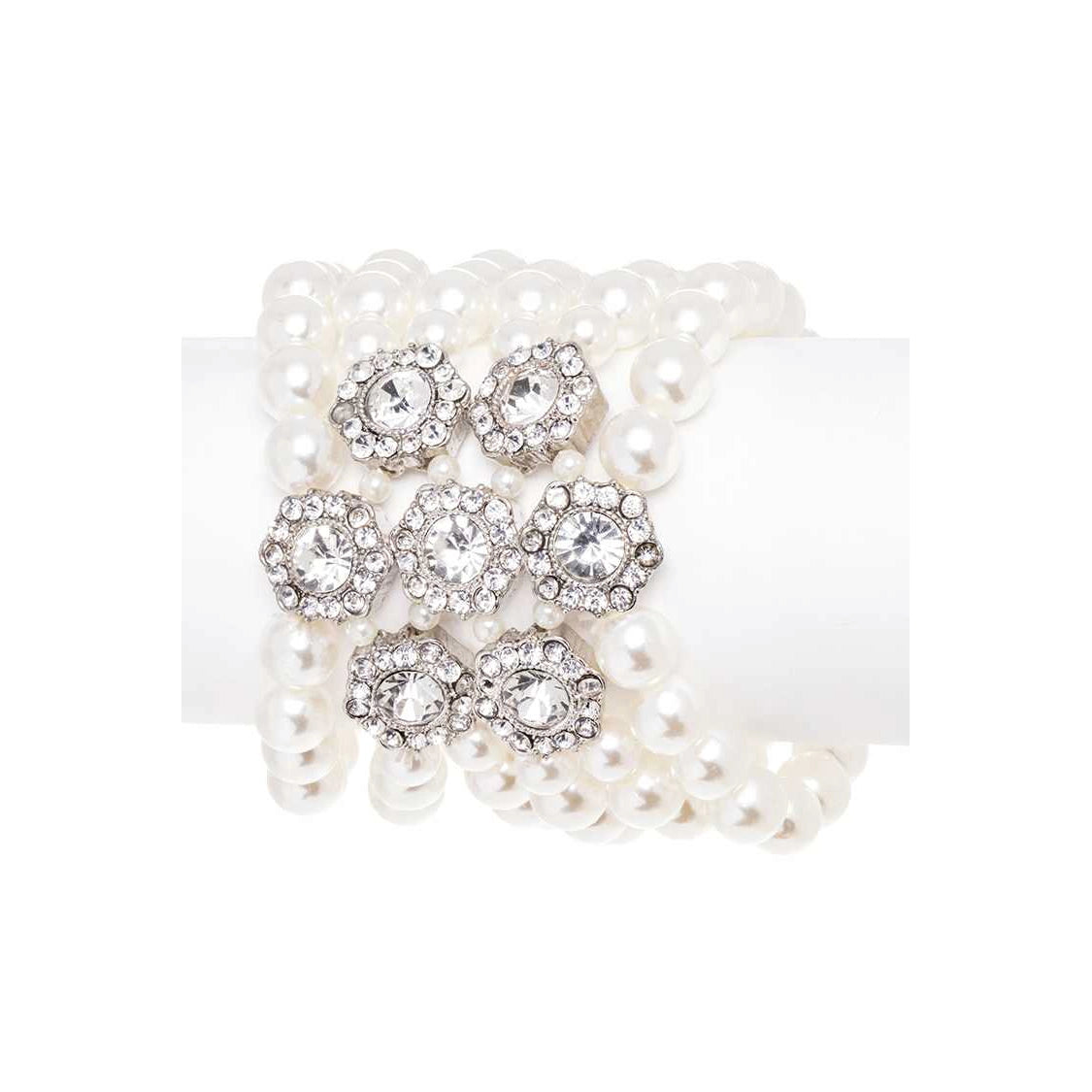 CRYSTAL FLOWER SHAPE CLUSTER OF RHINESTONES PEARL LAYERED STATEMENT COCKTAIL-FORMAL BRACELET