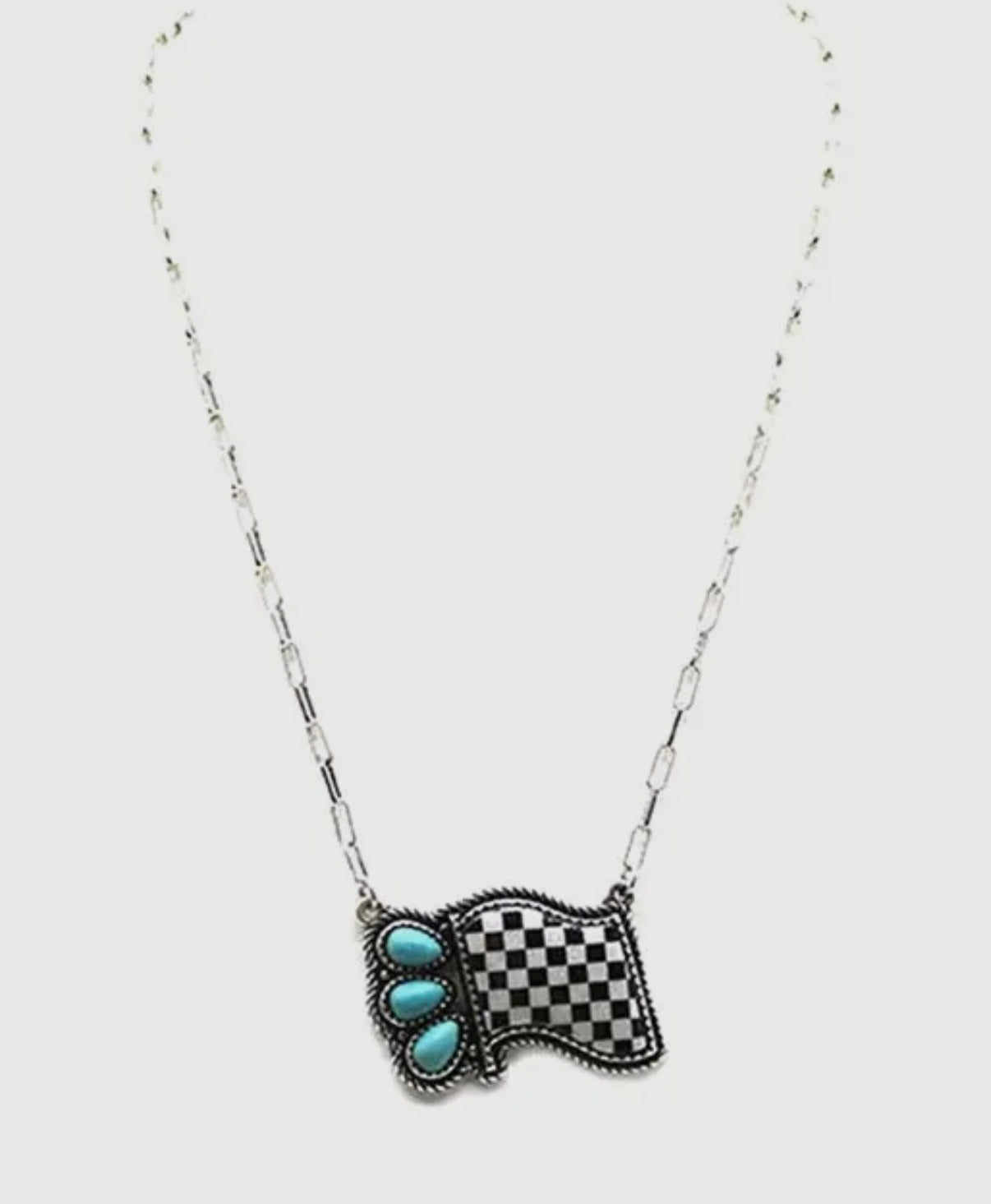 CHECKERED FLAG PRINT & SHAPE TURQUOISE STONE NECKLACE