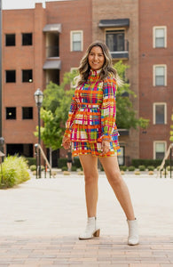 COLORFUL PLAID MOCK NECK RUFFLE DRESS