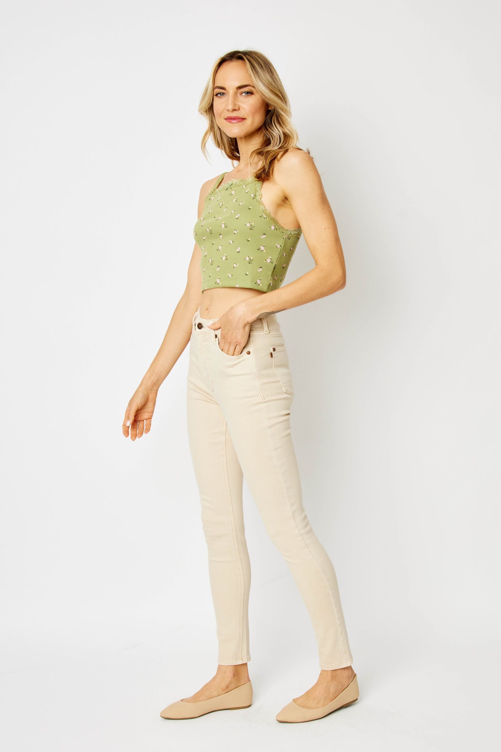 BONE BEIGE COLOR HIGH WAIST GARMENT DYED TUMMY CONTROL SKINNY JUDY BLUE DENIM