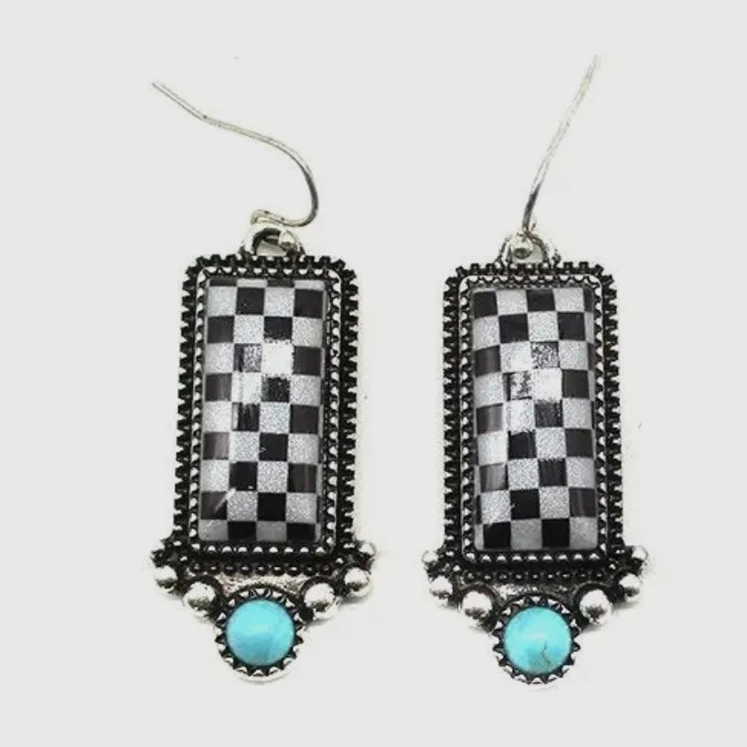 WESTERN CHECKERED PRINT VERTICAL BAR DANGLE 1 TURQUOISE STONE EARRINGS