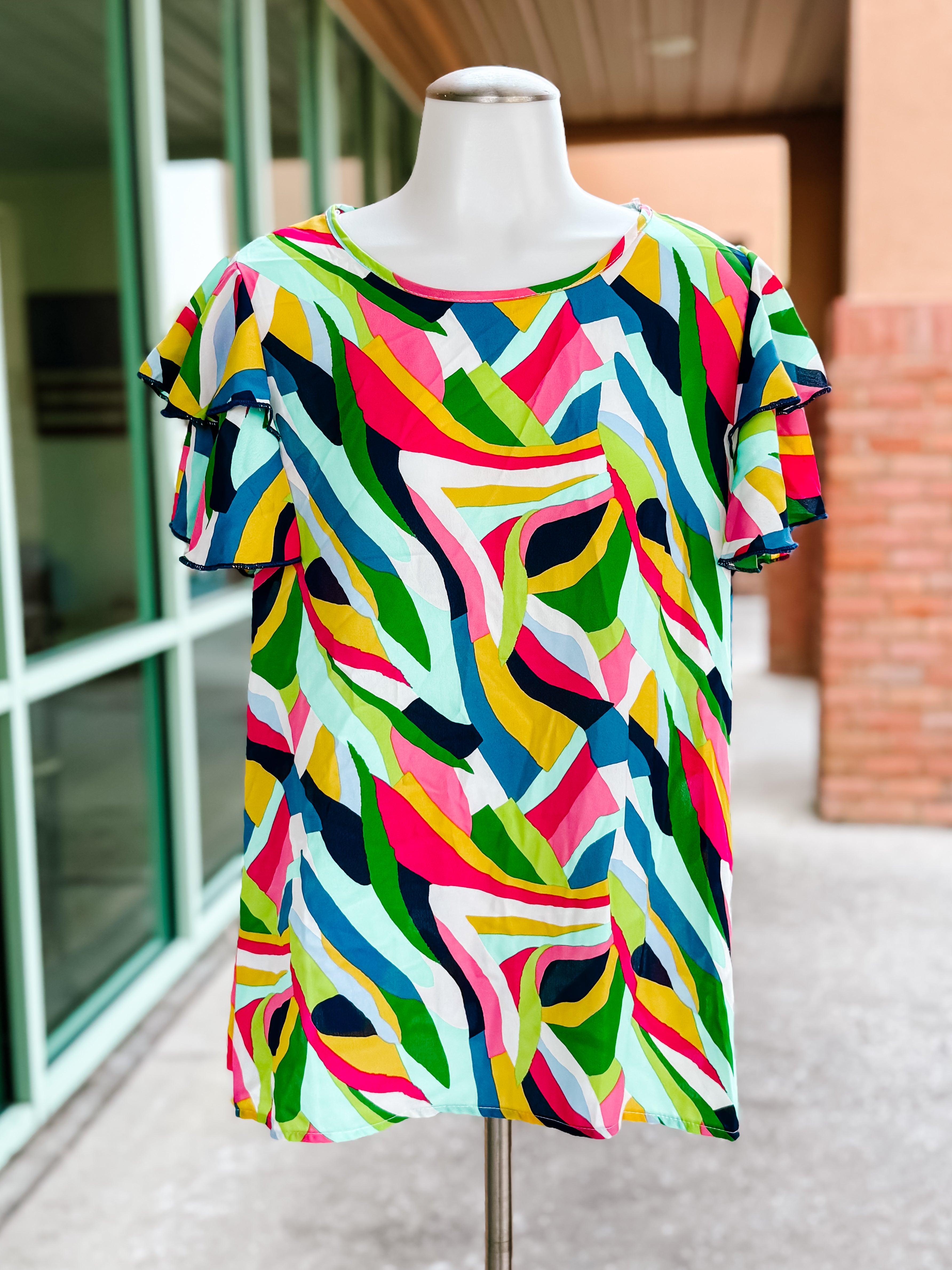 Green Navy Geometric Rufle Top- SALE