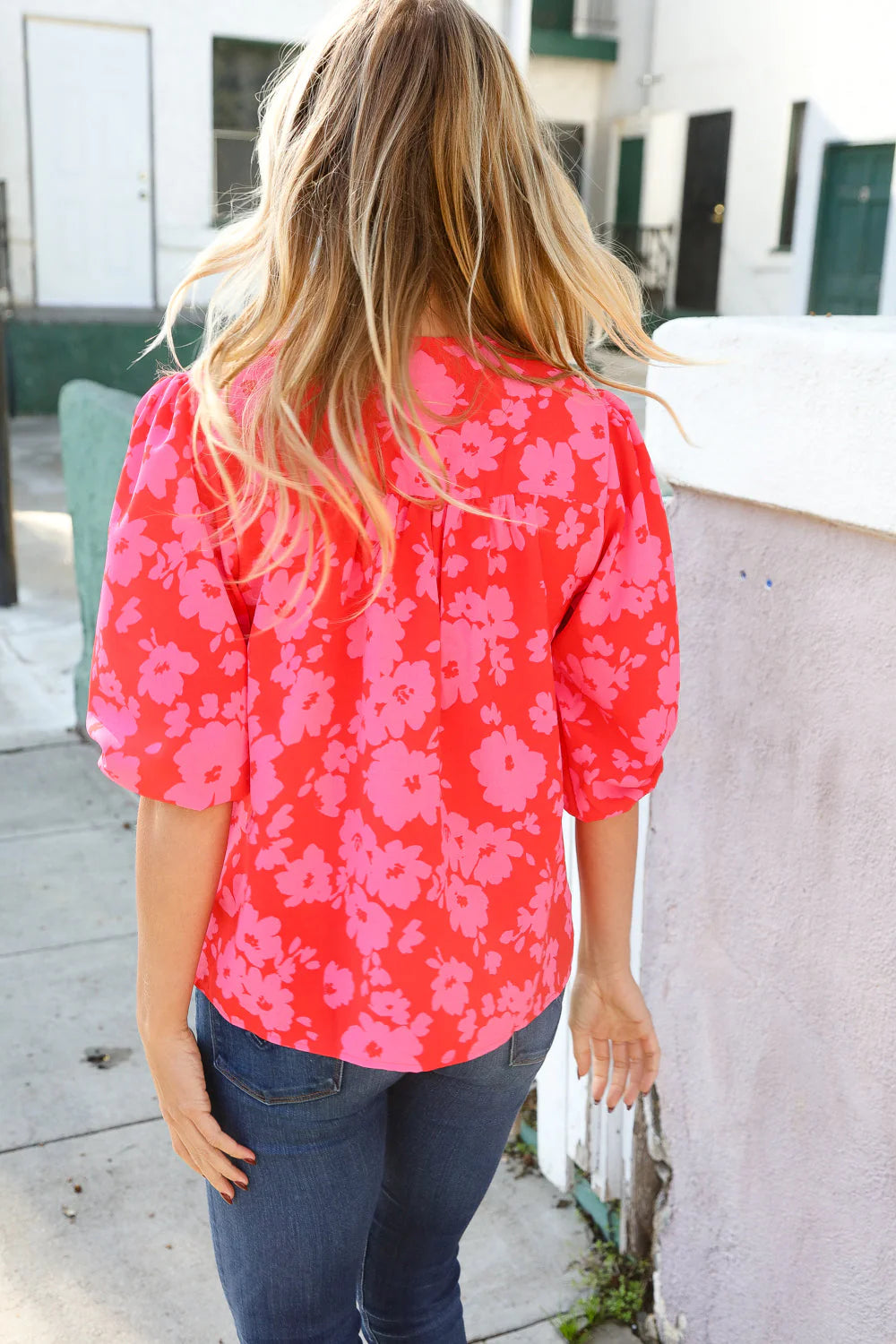 RED PINK RIBBON BOW FLORAL WOVEN TOP