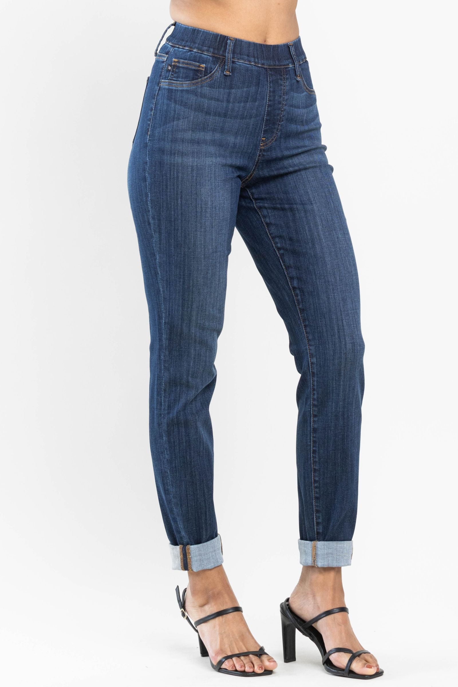 Darkwash High Waist Judy Blue Double Cuff Slim Fit Pull On Denim- SIZE 1 left.