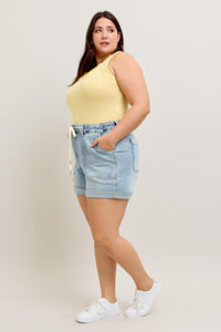 LIGHT WASH JOGGERS HIGH WAIST CUFFED DENIM SHORTS BY JUDY BLUE-PLUS