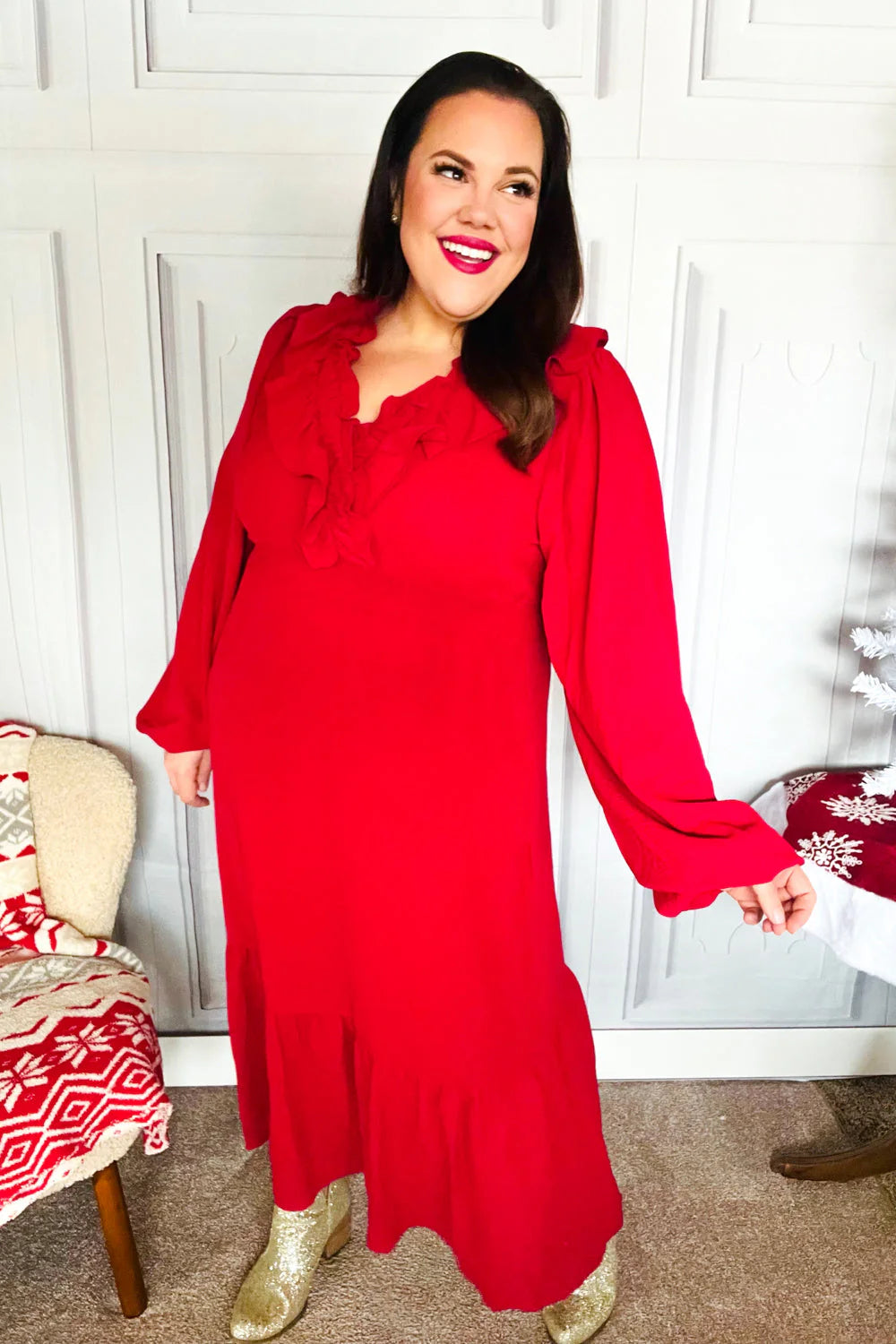 RED BEAUTIFUL YOU HOLIDAY RUFFLE SURPLICE VNECK MAXI DRESS-PLUS