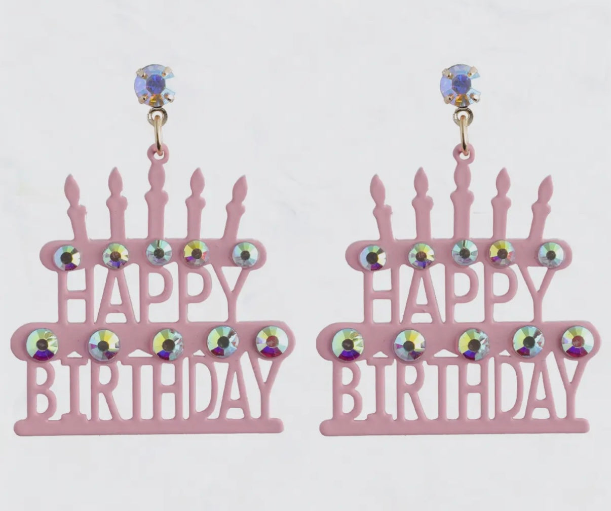 LIGHTWEIGHT METAL BIRTHDAY CAKE DANGLE RHINESTONE EARRINGS