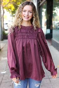 WINE MARSALA BE YOUR BEST SATIN SHIRRED YOKE FRILLY MOCK NECK BLOUSE