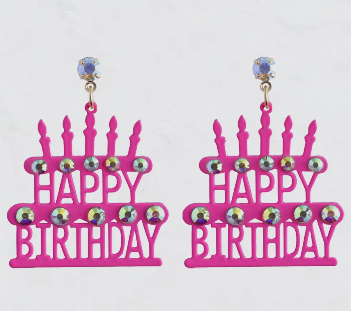 LIGHTWEIGHT METAL BIRTHDAY CAKE DANGLE RHINESTONE EARRINGS