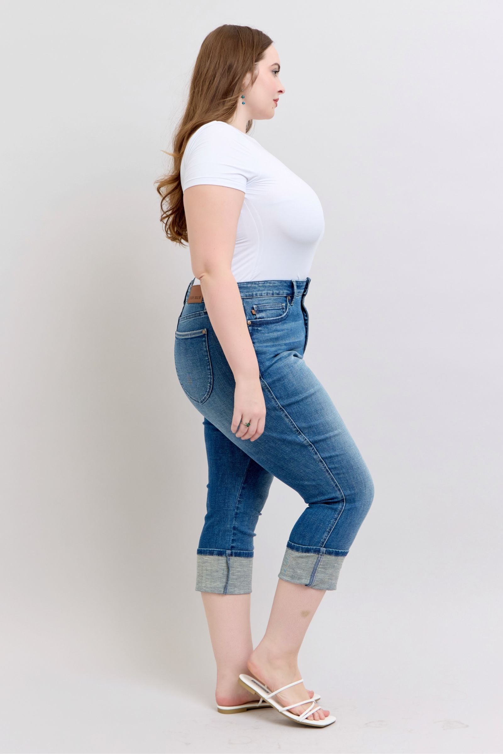 HIGH WAIST TUMMY CONTROL MEDIUM WASH BACK SHIELD POCKETS & CUFFED CAPRIS JUDY BLUE DENIM