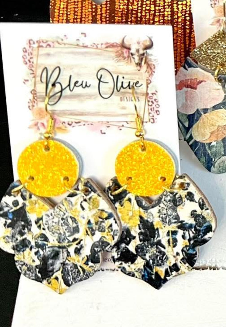 YELLOW GLITTER ON BLUE SAGE CREAM YELLOW FLORAL PRINT SCALLOPED LEATHER TWO TIER DANGLY HANDMADE EARRINGS BY B.O.D