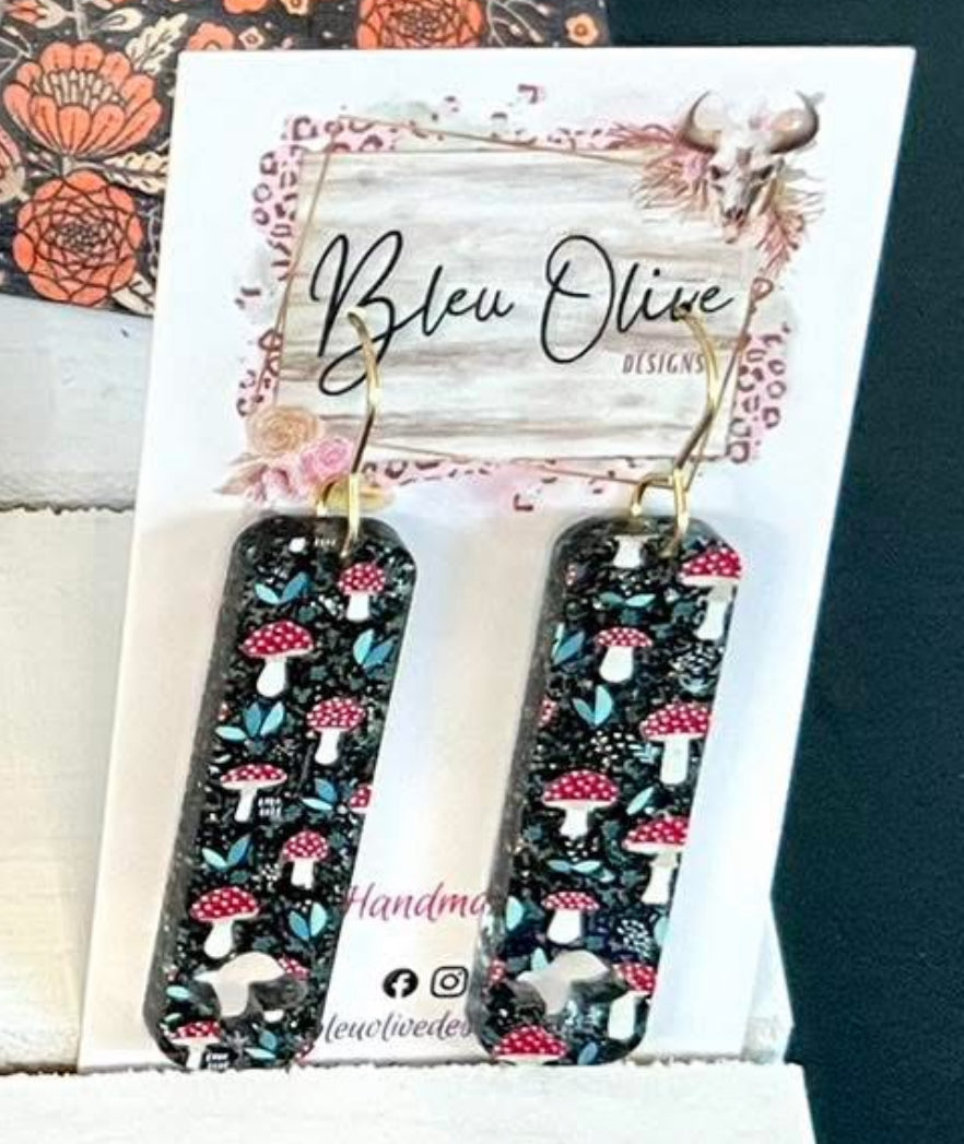 MUSHROOM BAR WITH CUTOUT MUSHROOM ON BOTTOM ACRYLIC LIGHTWEIGHT HANDMADE EARRINGS BY B.O.D