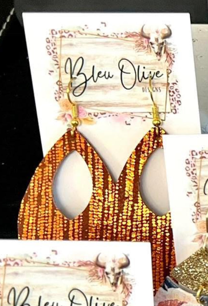 RUST SHIMMERY TEARDROP CUTOUT LIGHTWEIGHT LEATHER HANDMADE EARRINGS BY B.O.D