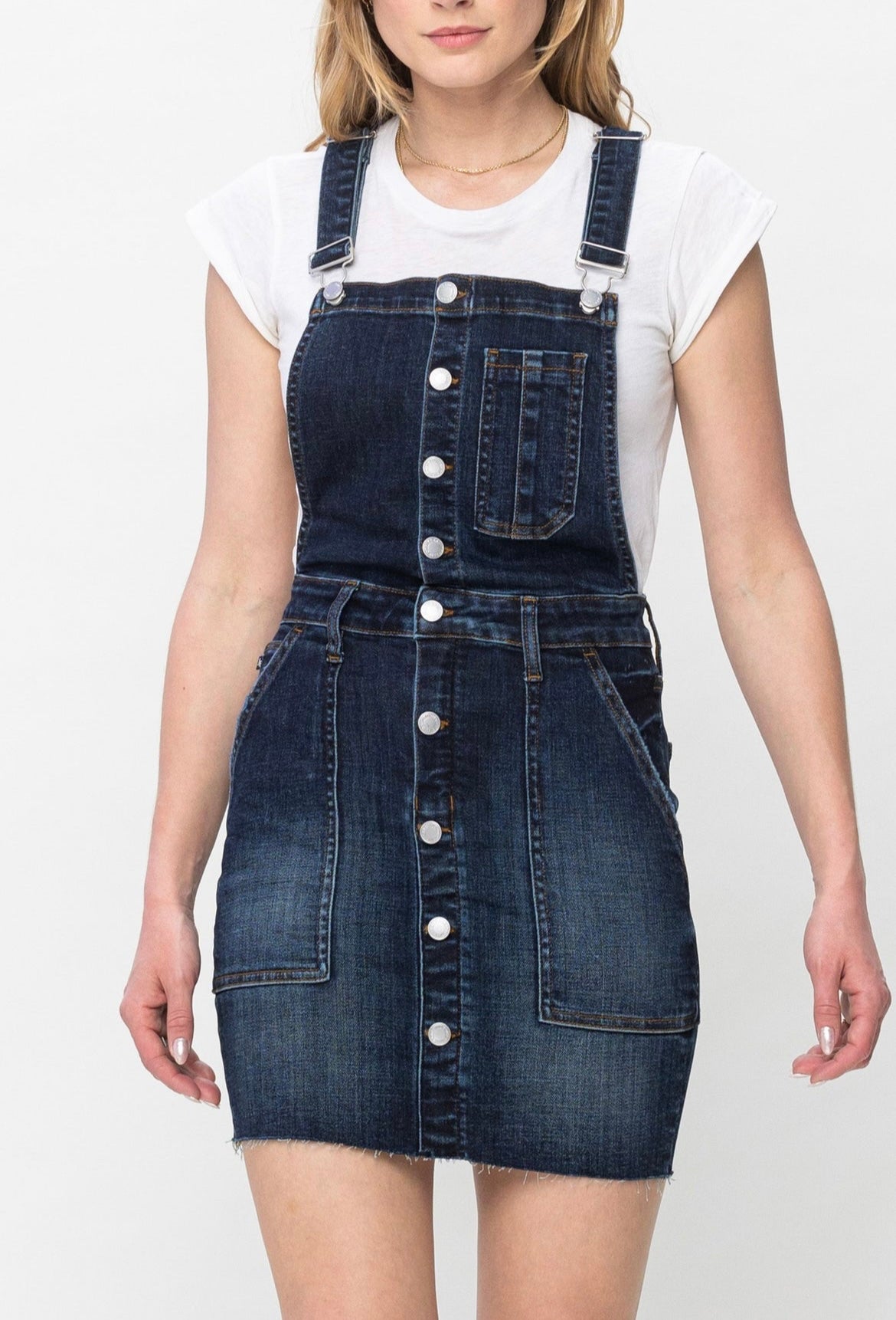 Darkwash Button & Pocketed HW Skirt Overalls-PLUS