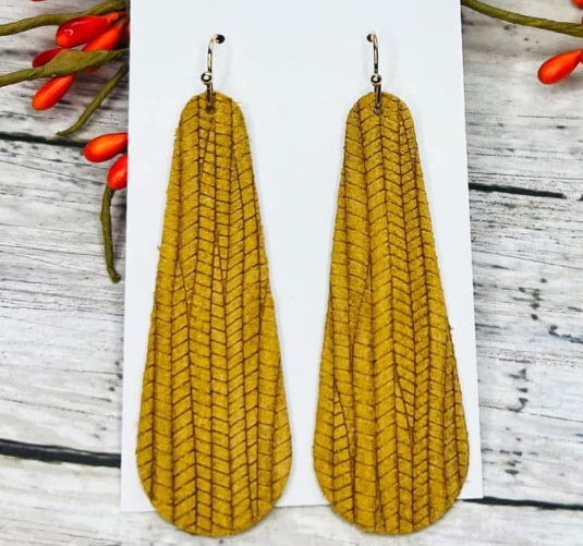 TEXTURED LONG DIAMOND TEARDROP LEATHER HANDMADE EARRINGS BY B.O.D