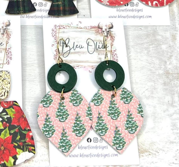 PINK AND GREEN CHRISTMAS TREES WITH GREEN WOODEN CIRCLES HANDMADE EARRINGS BY B.O.D