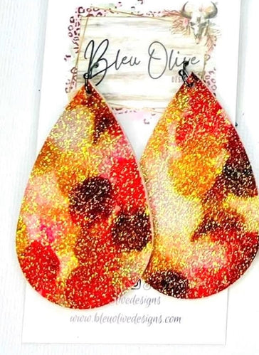 GLITTER WARM TONED MULTI COLORED SPARKLY TEARDROP LEATHER HANDMADE EARRINGS BY B.O.D