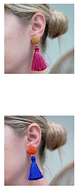 GAMEDAY SEEDBEAD BALL WITH TASSEL TWO TONE COLORED FOOTBALL EARRINGS BY P.O.