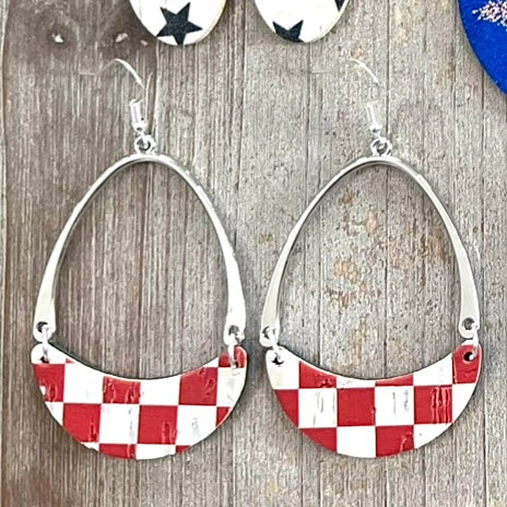 SILVER DANGLE OVAL SHAPE RED CHECKERED CORK-HANDMADE LEATHER EARRINGS BY B.O.D