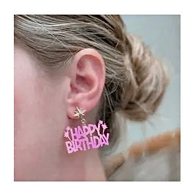 HOT PINK HAPPY BIRTHDAY METAL EARRINGS BY P.O.