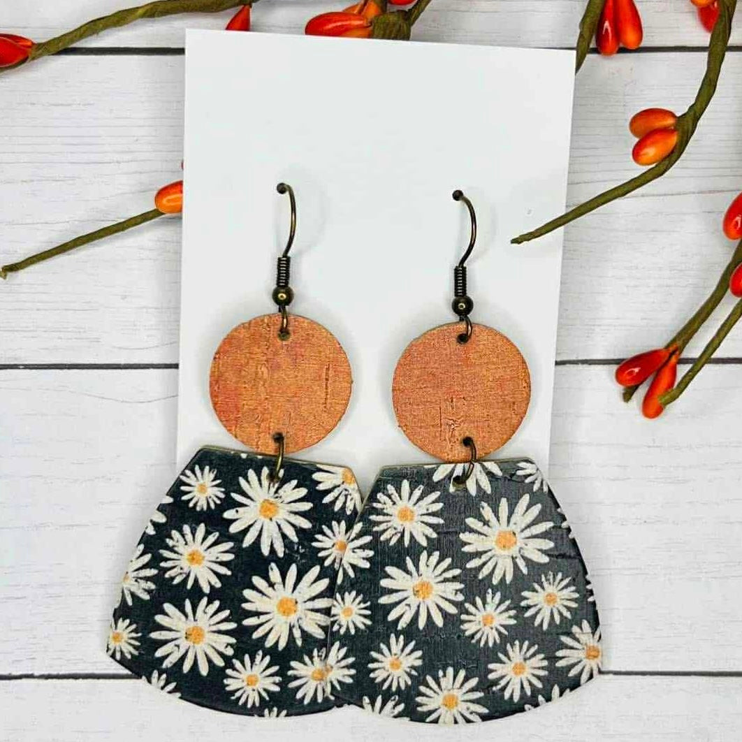 BLACK & CREAM DAISIES WITH ORANGE/RUST CIRCLES GEO-SHAPE LEATHER 2-TIER DANGLES HANDMADE EARRINGS BY B.O.D