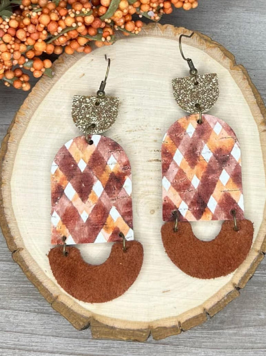 RUST PLAID & GOLD GLITTER LEATHER 3 TIER GEO SHAPES HANDMADE EARRINGS BY B.O.D