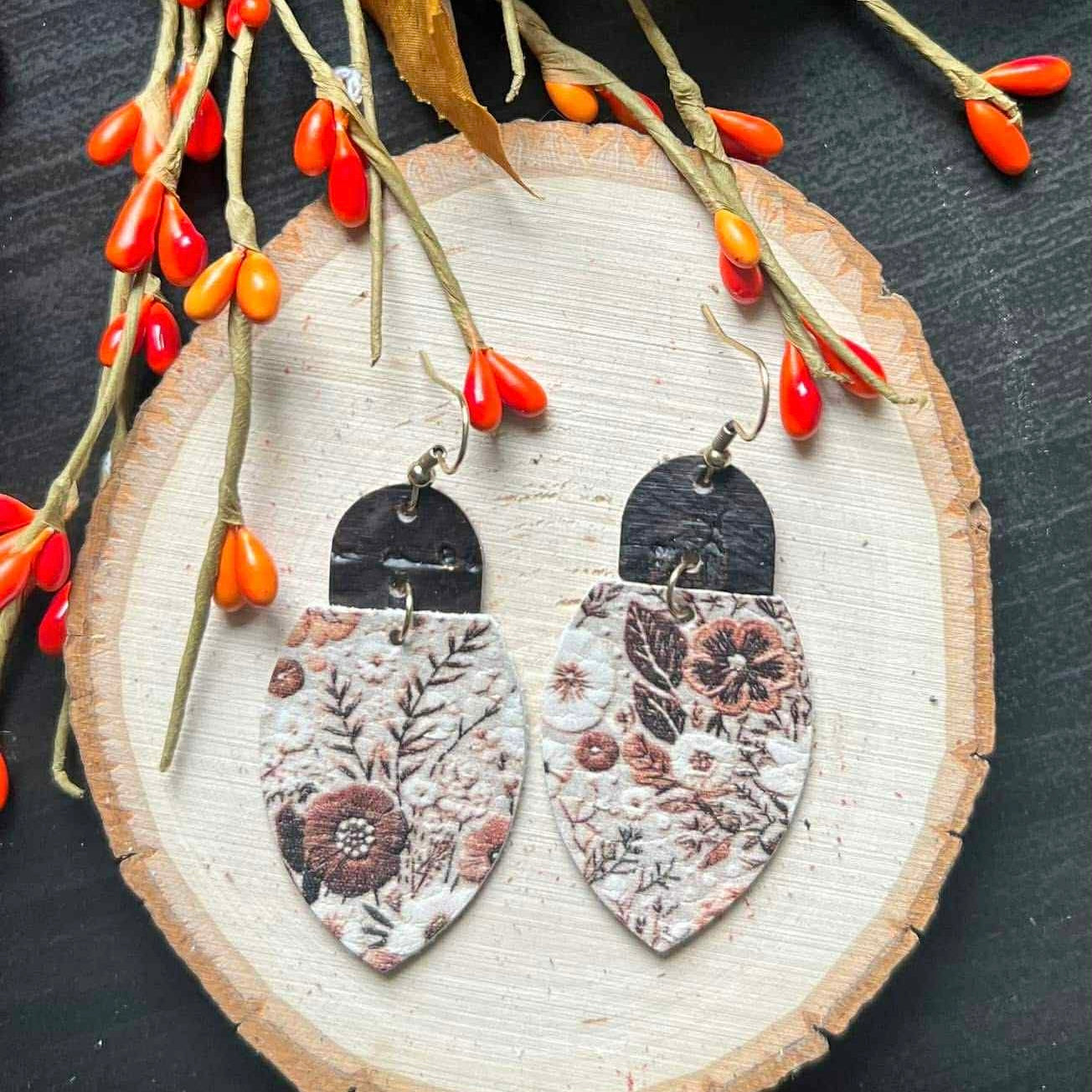 BROWN TAN BEIGE FLORAL PRINT DIAMOND SHAPE LEATHER 2-TIER DANGLES HANDMADE EARRINGS BY B.O.D