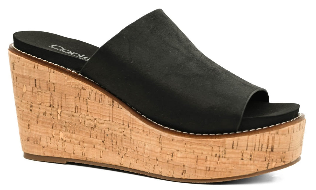 MUGSHOT BLACK OIL PU CORKYS SANDAL WEDGES