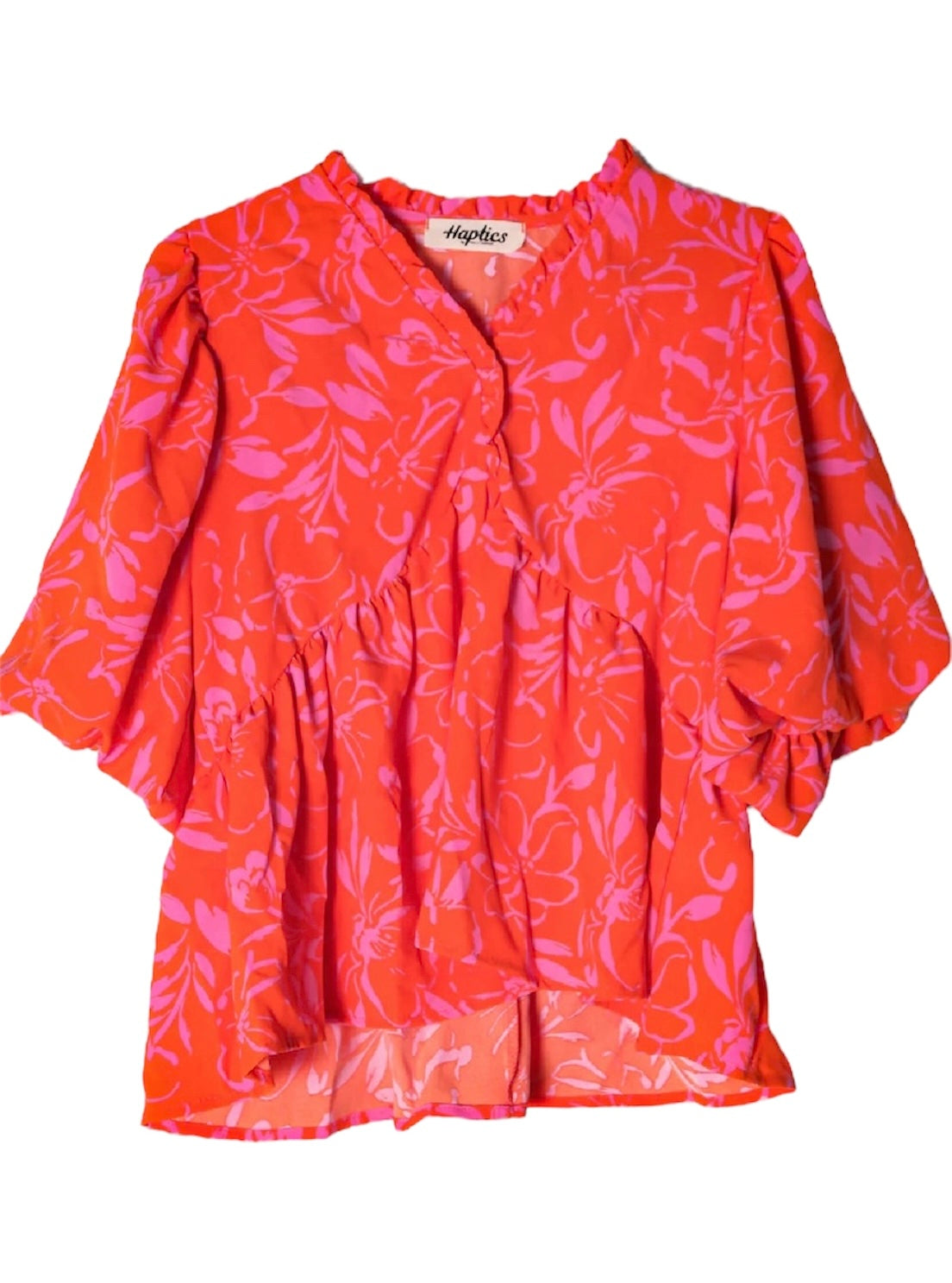 RED-ISH & BUBBLEGUM PINK FLORAL PRINT RUFFLE NECKLINE SWEETHEART WAIST FLOUNCY WOVEN TOP- SALE- SMALL AVAILABLE