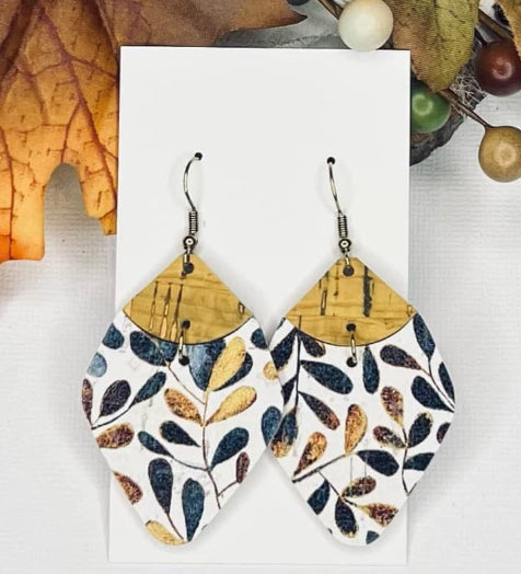 MUSTARD WITH FALL WARM TONE LEAF PRINT DIAMOND SHAPE LEATHER HANDMADE EARRINGS BY B.O.D