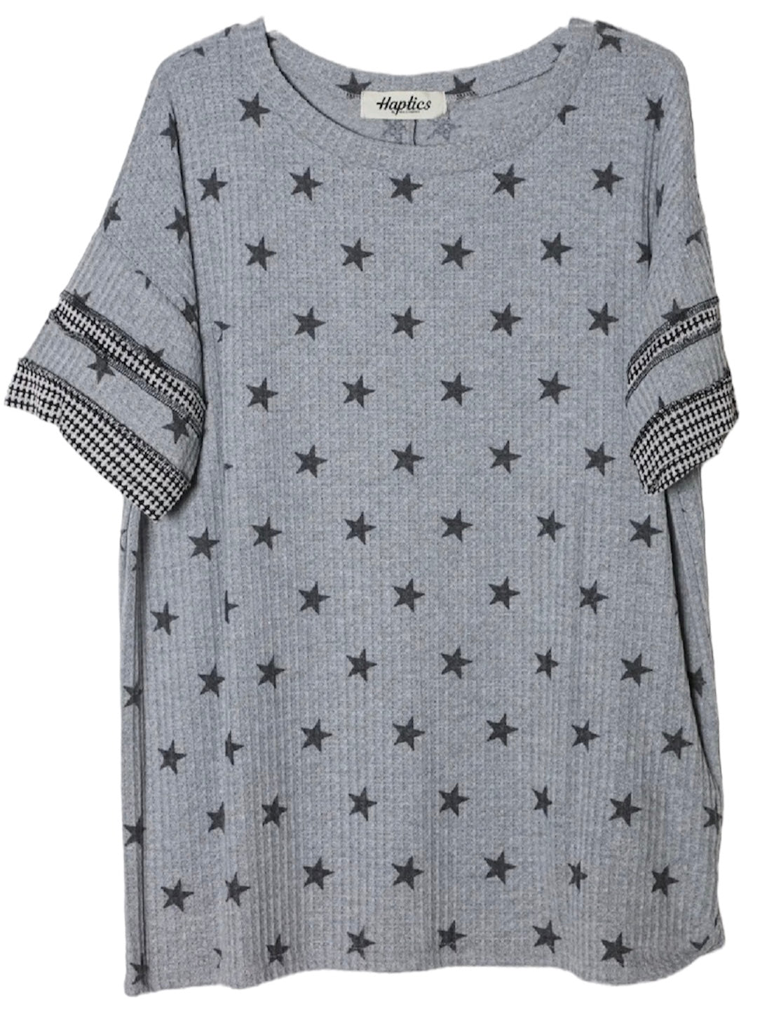 GREY NAVY STAR PRINT WAFFLE JACQUARD STRIPE KNIT TOP- SALE- SMALL AVAILABLE