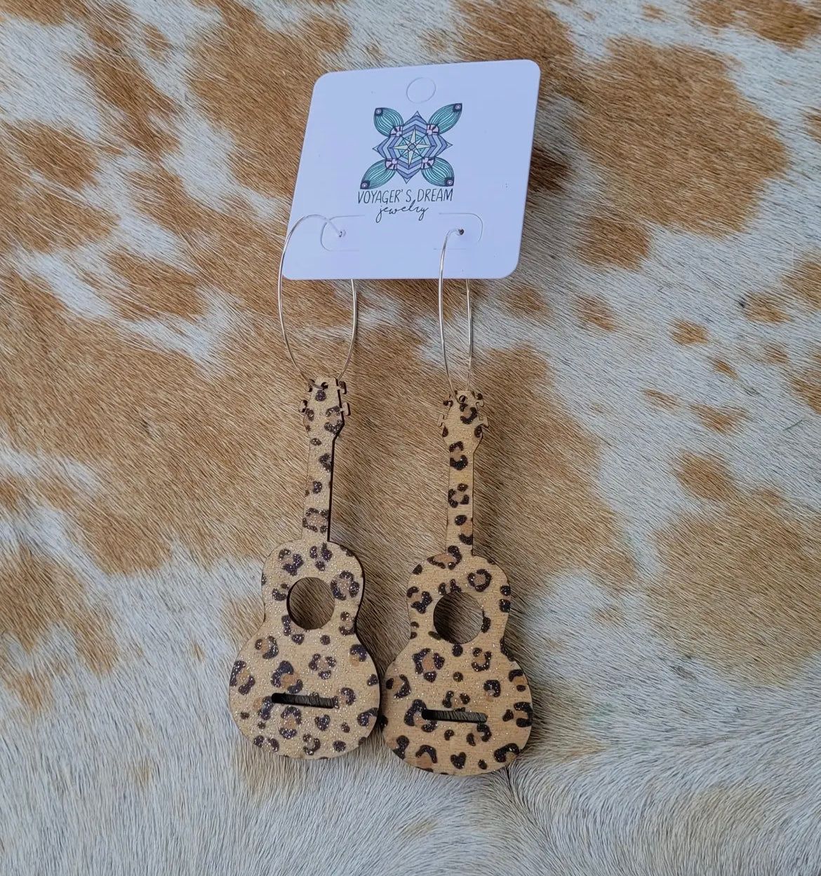 Leopard Wooden Guitar Hoops Earrings