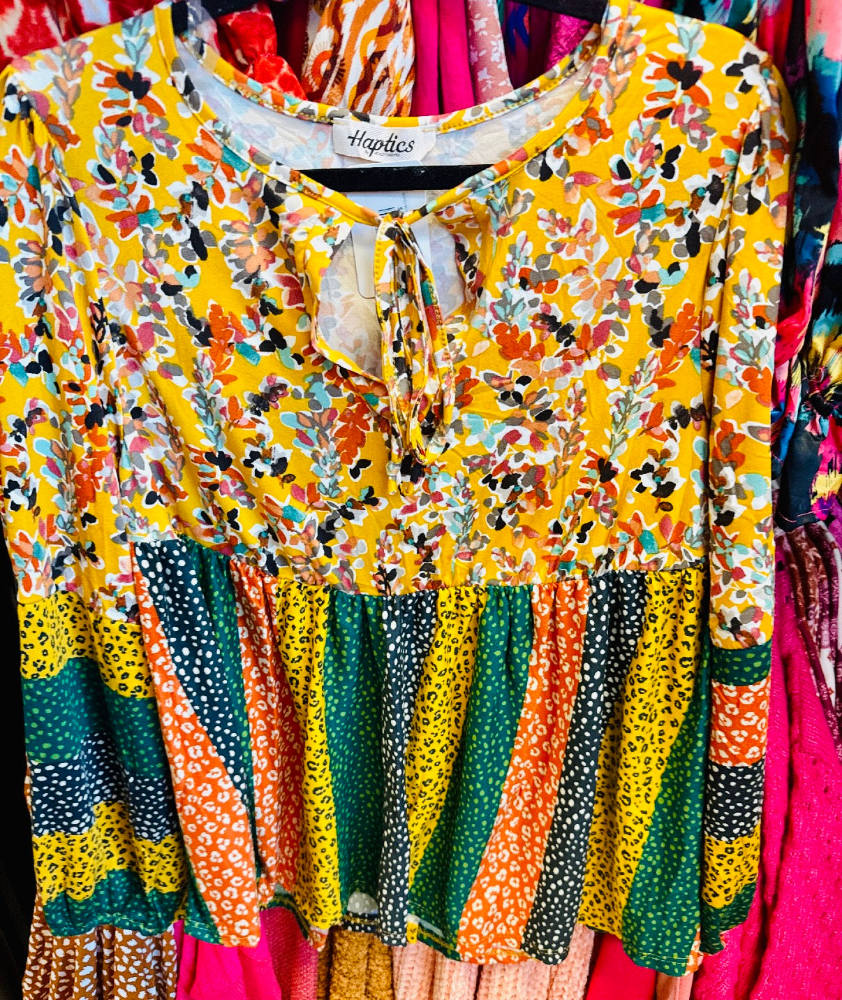 BOHO MUSTARD RUST FLORAL LEOPARD BABYDOLL TOP-PLUS