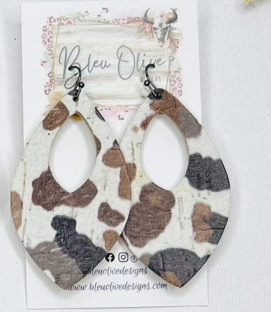 COW PRINT TEARDROP OPEN DESIGN LEATHER HANDMADE EARRINGS BY B.O.D