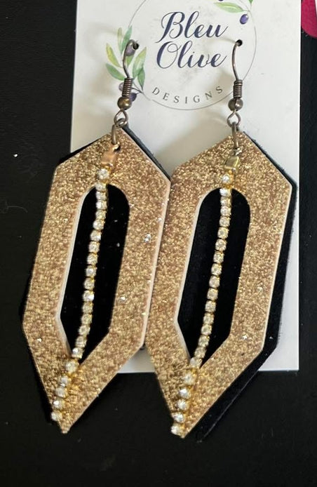 BLACK & GOLD GLITTER WITH RHINESTONE DANGLES LEATHER TRIPLE LAYERED HANDMADE EARRINGS BY B.O.D