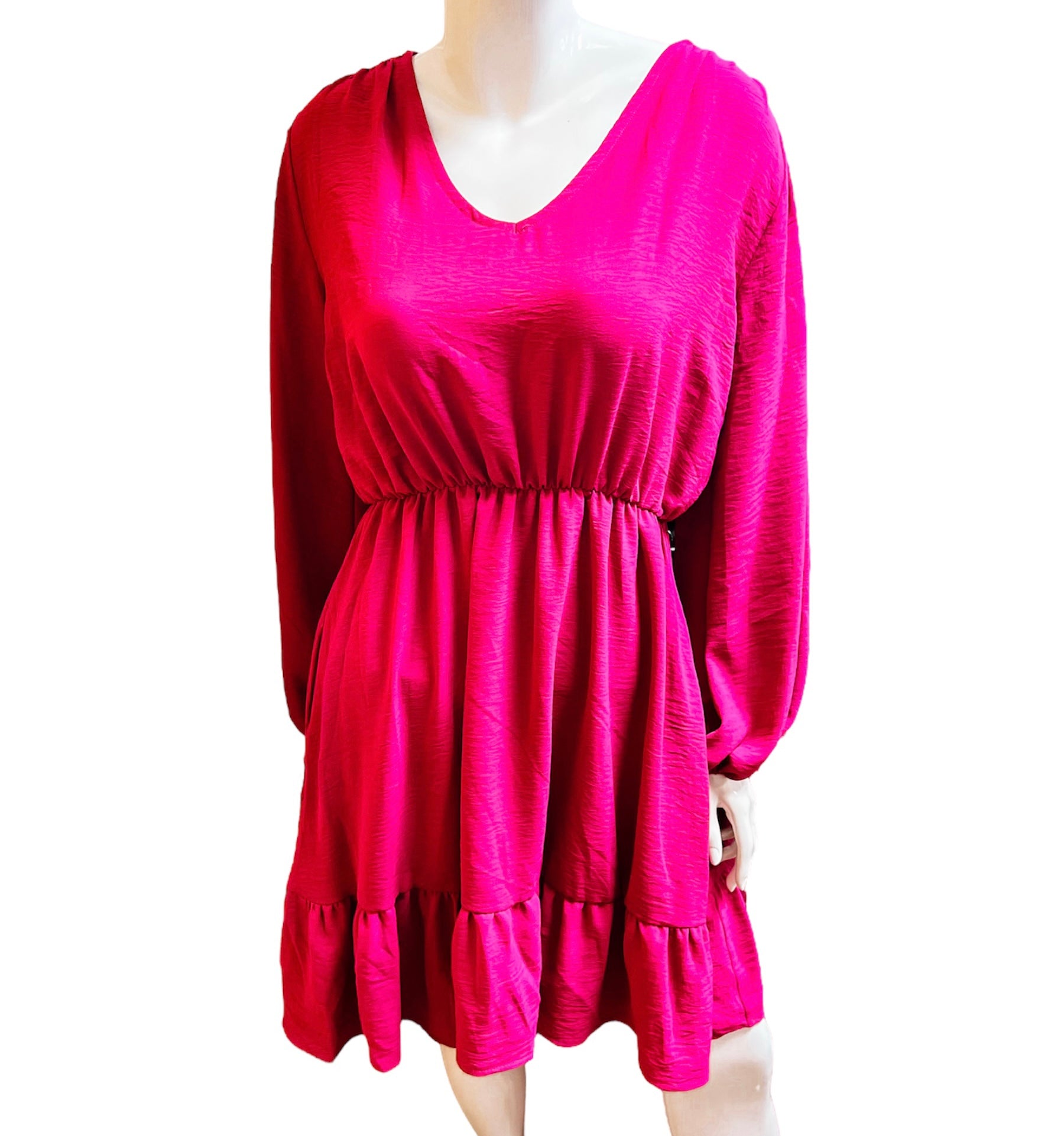 Magenta Bubble Puff Sleeve Pocketed Woven Dress-PLUS