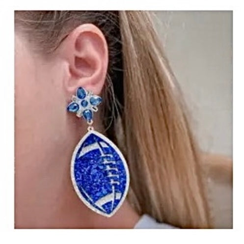 GLITTER FOOTBALL TWO TIER DANGLE GAMEDAY EARRINGS BY P.O.