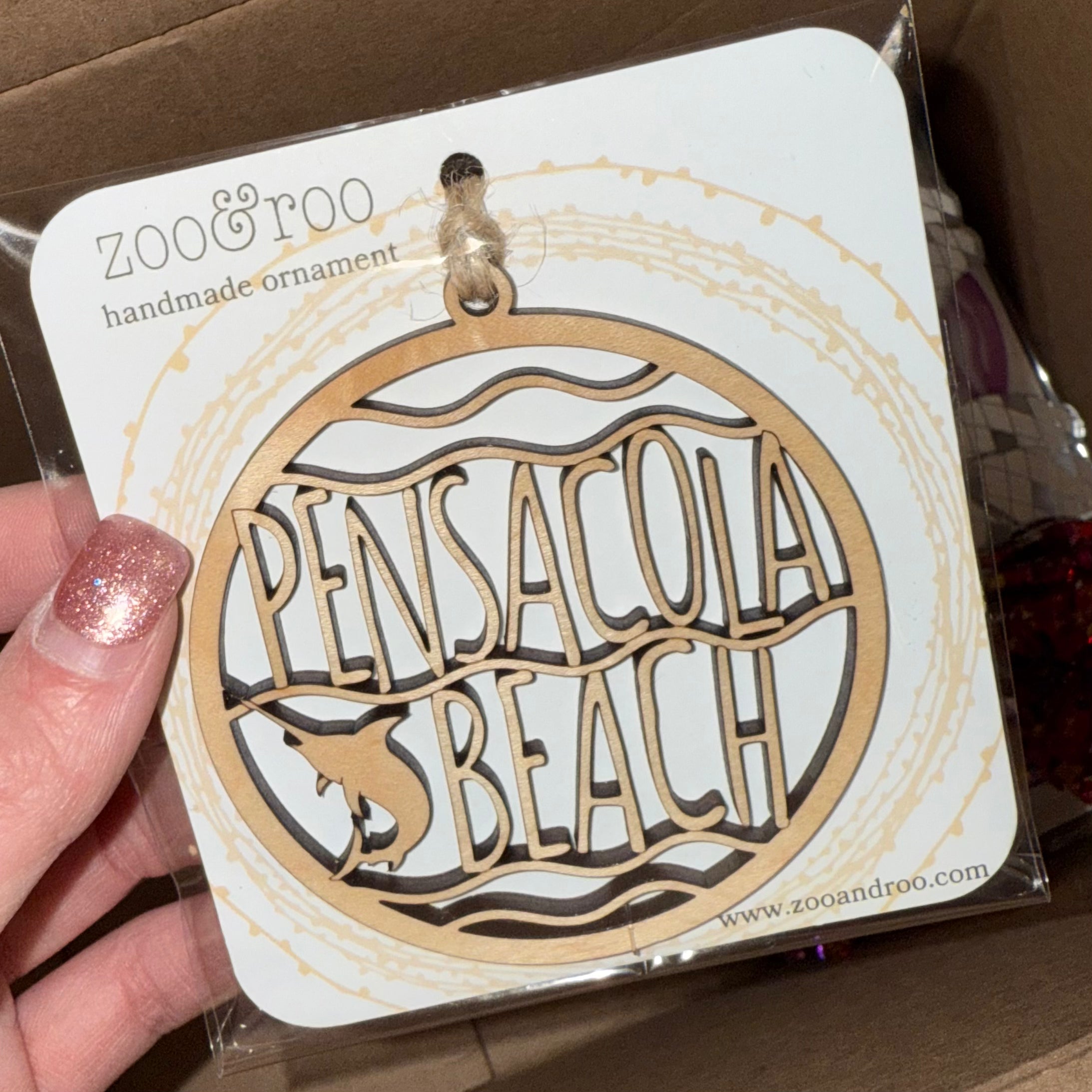 CUSTOM-MADE, HAND-MADE "PENSACOLA BEACH" HANGING ORNAMENT WITH TWINE STRING FLORIDA / COASTAL SOUVENIR MAPLE WOOD