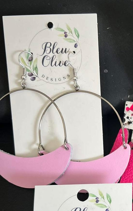 SILVER HOOPS WITH PINK LEATHER BOTTOMS BIG CIRCLES HANDMADE EARRINGS BY B.O.D