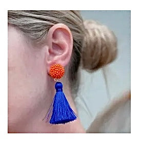 GAMEDAY SEEDBEAD BALL WITH TASSEL TWO TONE COLORED FOOTBALL EARRINGS BY P.O.