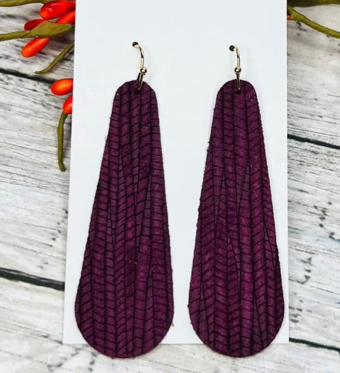 TEXTURED LONG DIAMOND TEARDROP LEATHER HANDMADE EARRINGS BY B.O.D