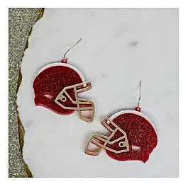 RED GOLD ACRYLIC FOOTBALL HELMET EARRINGS BY P.O.