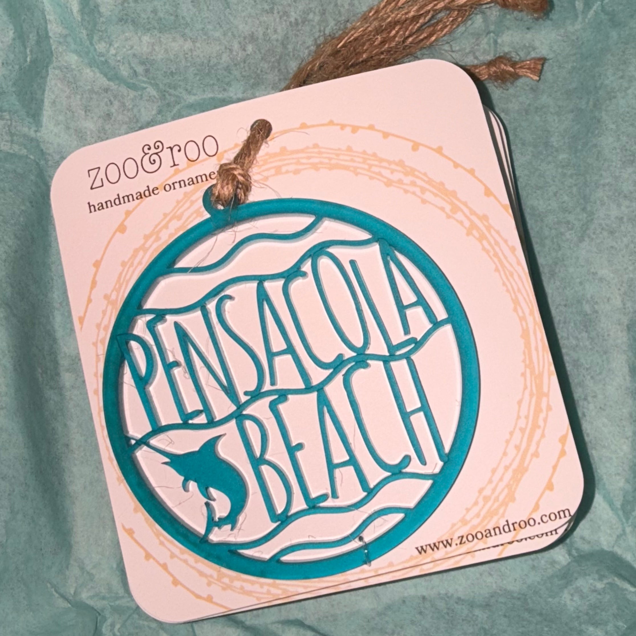CUSTOM-MADE, HAND-MADE "PENSACOLA BEACH" HANGING ORNAMENT WITH TWINE STRING FLORIDA / COASTAL SOUVENIR FROSTED-TEAL-ACRYLIC