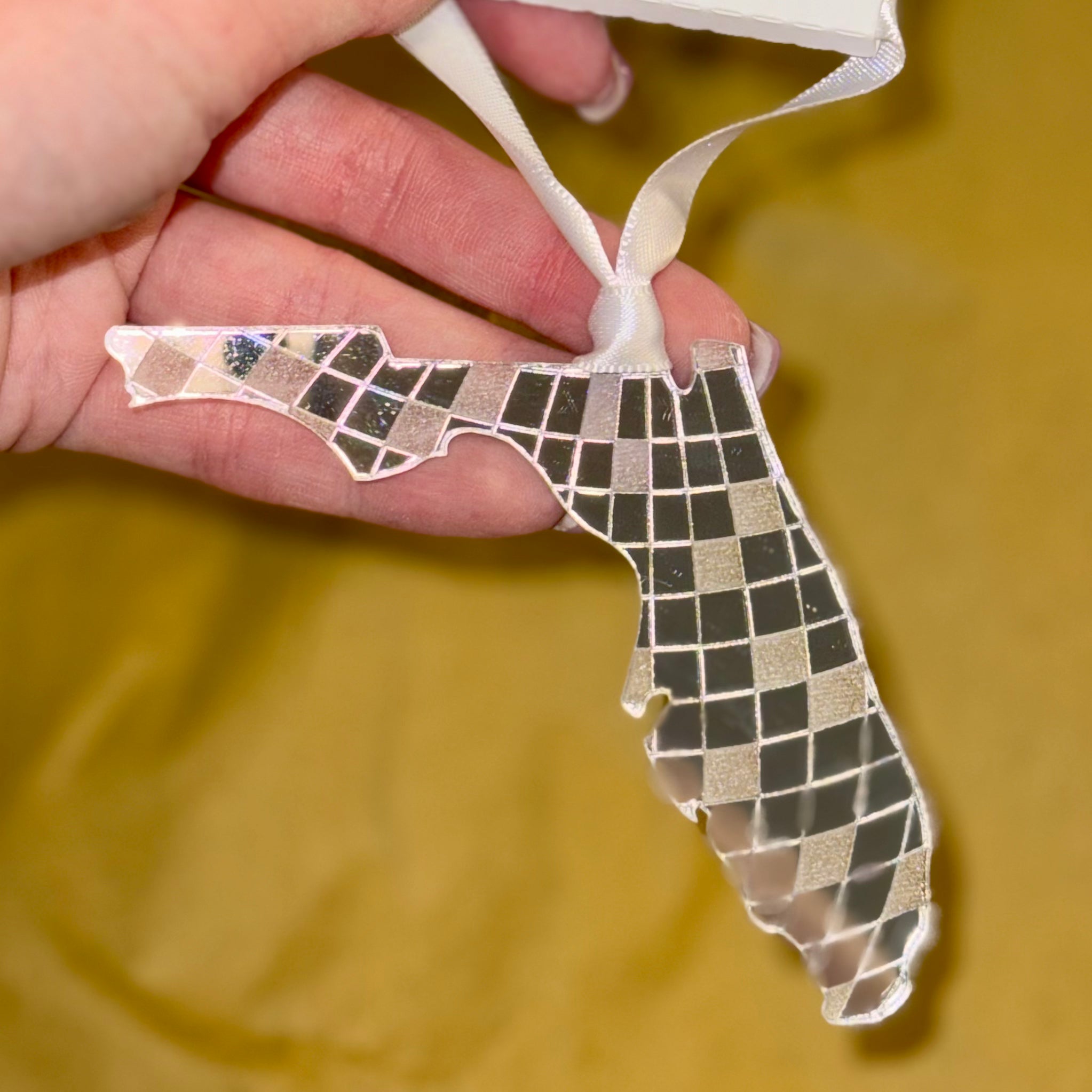 CUSTOM-MADE, HAND-MADE FLORIDA STATE SHAPE, DISCO BALL PRINTED, HANGING ORNAMENT, WHITE SATIN STRING, MADE OF ACRYLIC